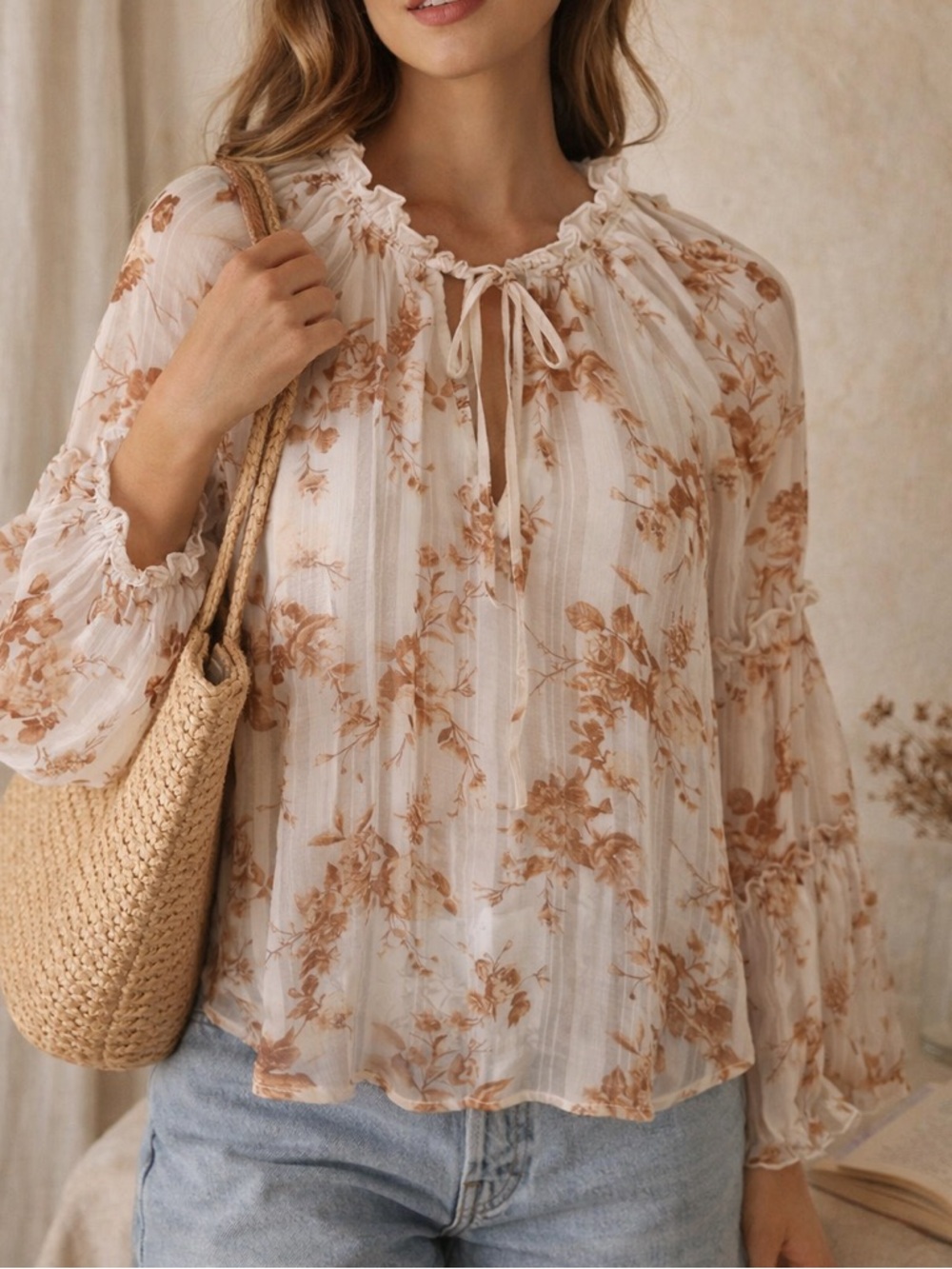 Blu Pepper Cream Floral Tie-Neck Peasant Blouse